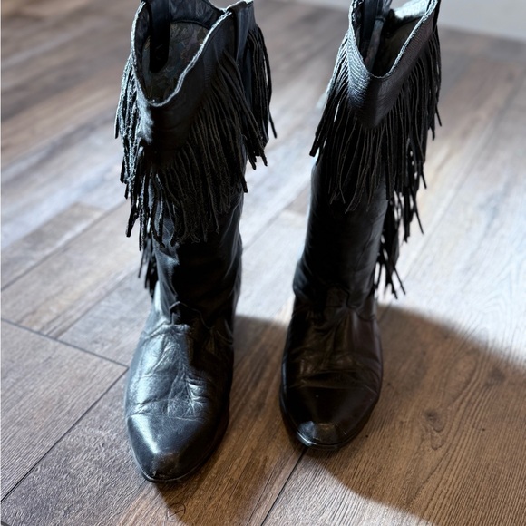 Vintage Black Fringe Leather Mid-Calf Women's Boots - Picture 3 of 13